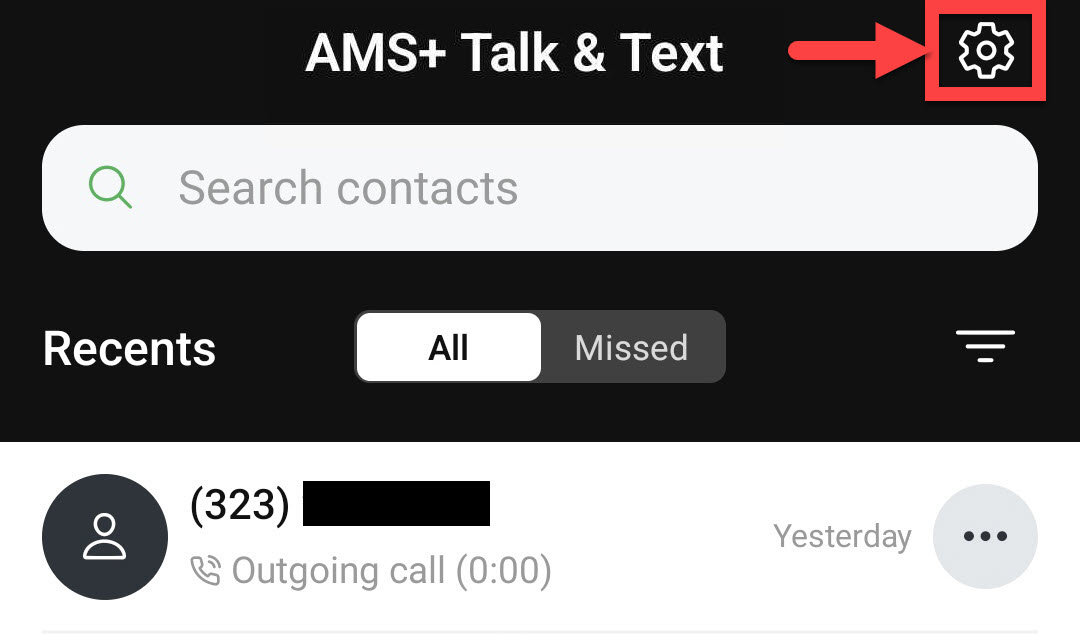 Screenshot showing how to access settings in the AMS+ Talk & Text app interface
