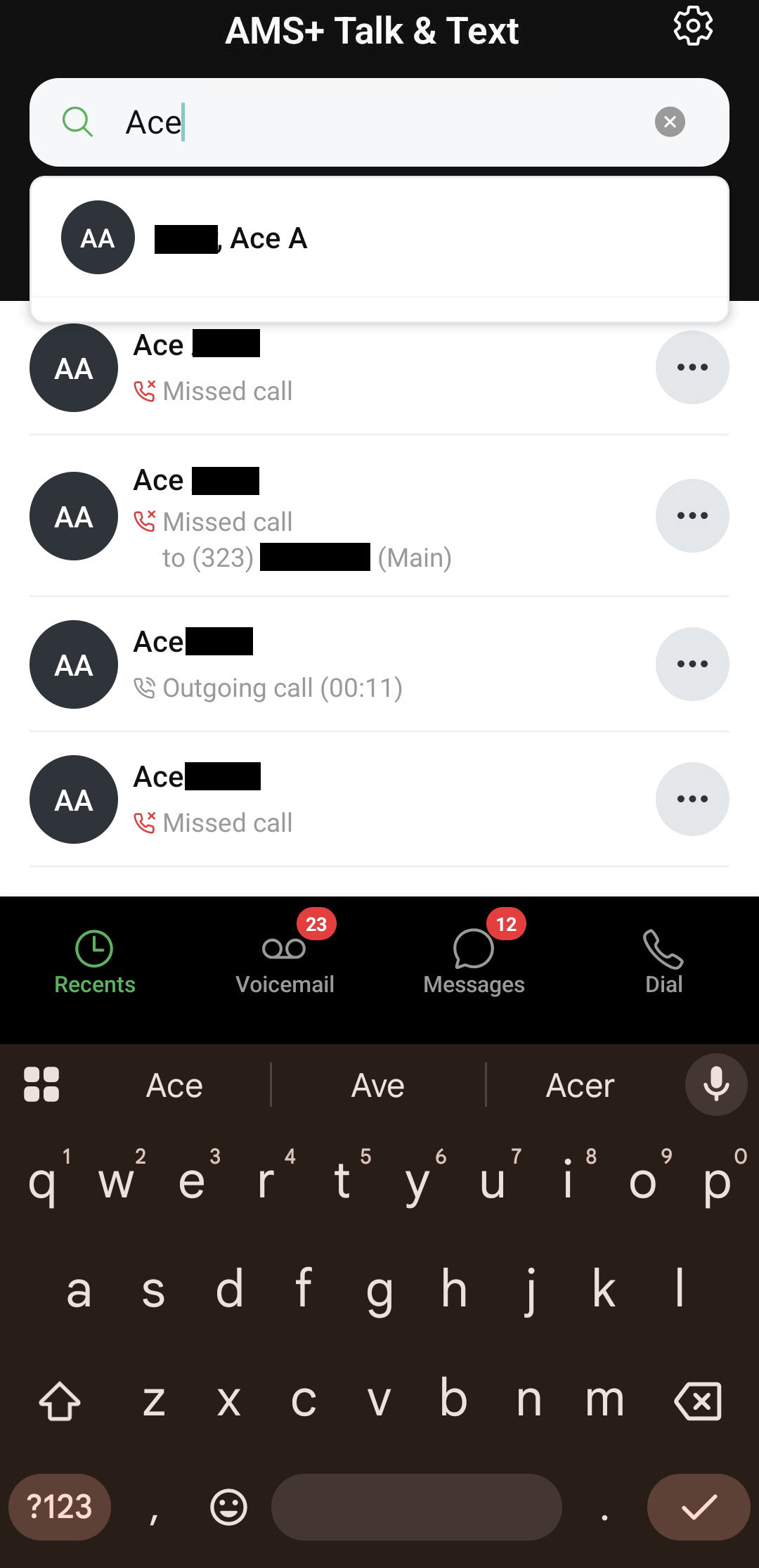 Screenshot showing how to search and view contacts in the AMS+ Talk & Text app interface