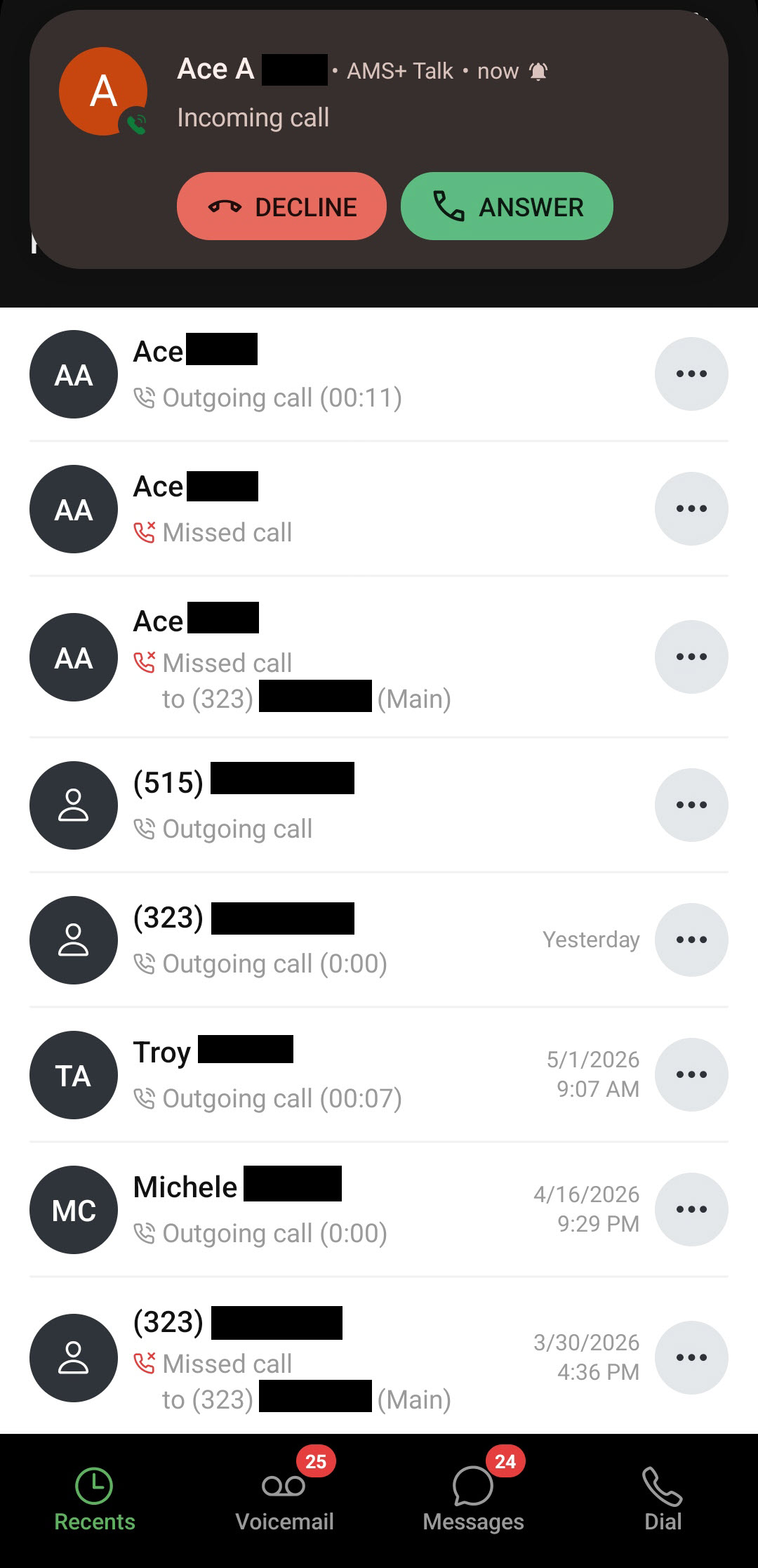 Screenshot showing an incoming call in the AMS+ Talk & Text app interface